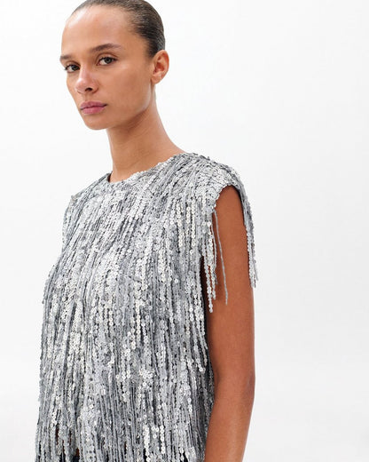 Billie Sequined Tassel Top - Gunmetal