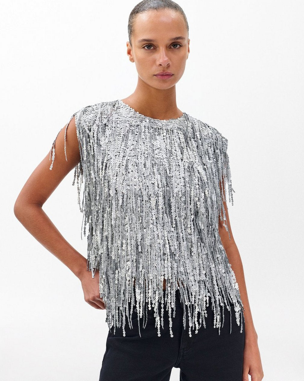 Billie Sequined Tassel Top - Gunmetal