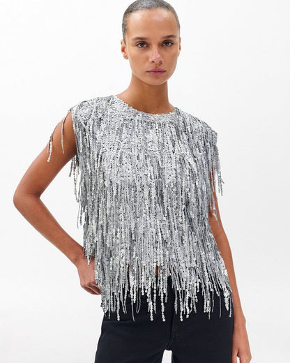 Billie Sequined Tassel Top - Gunmetal