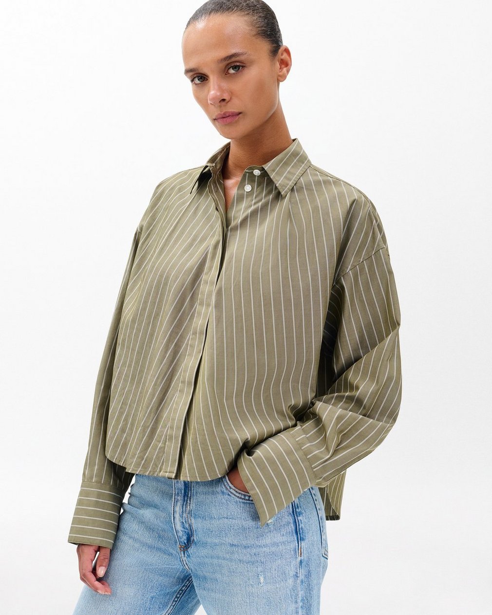 Martha Striped Poplin Shirt - Green Stripe
