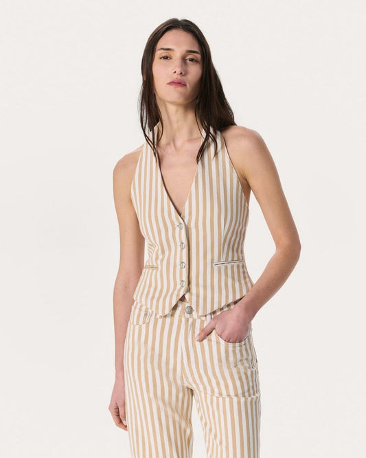 Ethel Striped Denim Vest - Tan Stripe