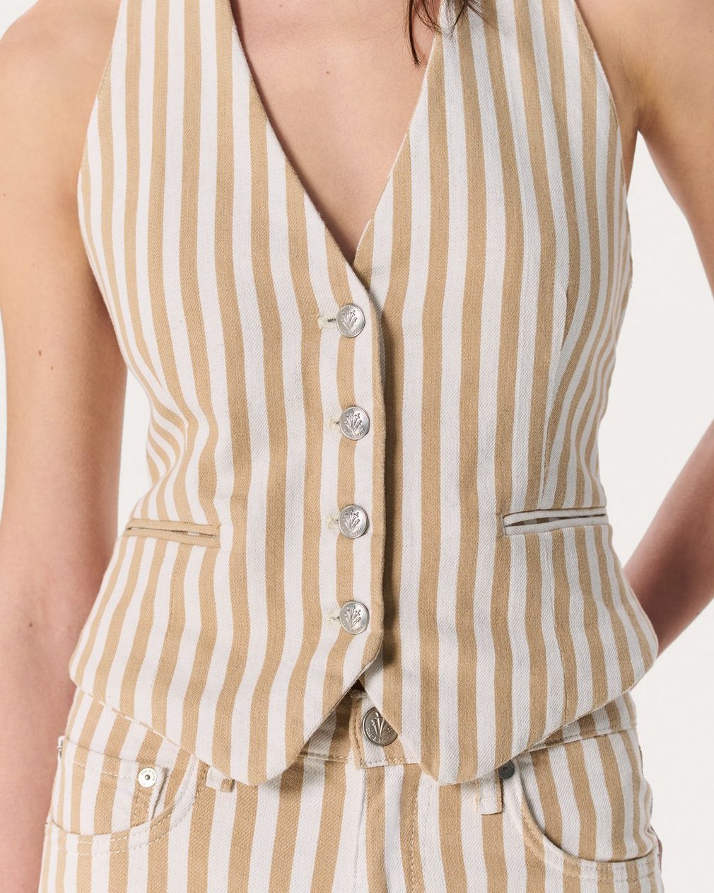 Ethel Striped Denim Vest - Tan Stripe