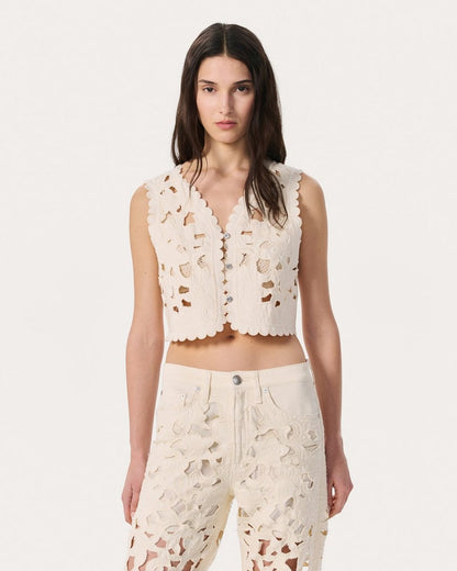 Coralie Cutout Denim Vest - Ecru