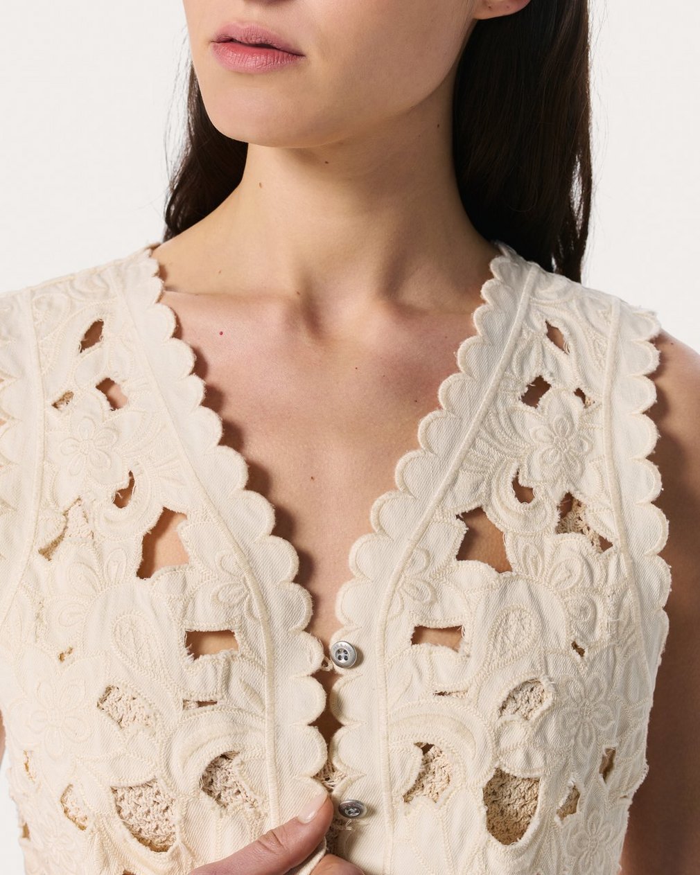 Coralie Cutout Denim Vest - Ecru
