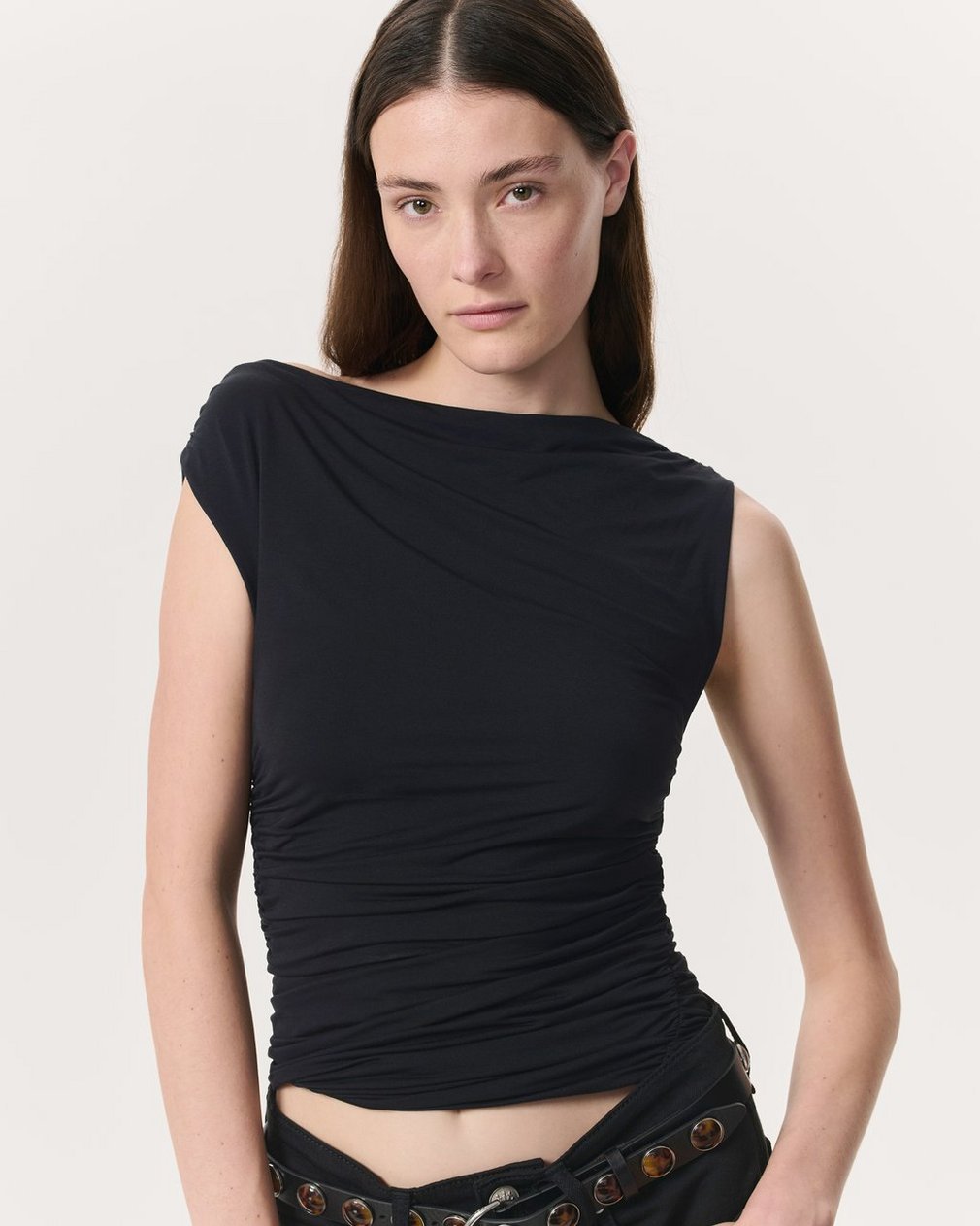 Luca Shirred Scoop-Neck Top - Black