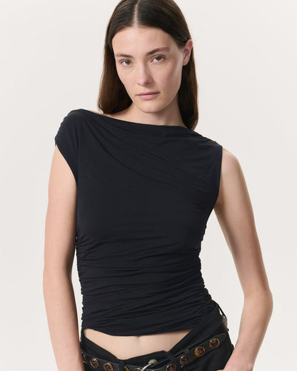Luca Shirred Scoop-Neck Top - Black