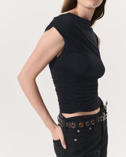 Luca Shirred Scoop-Neck Top - Black