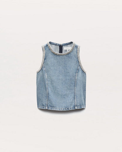 Ultra Featherweight Myla Embellished Denim Top - Pacific With Jewel