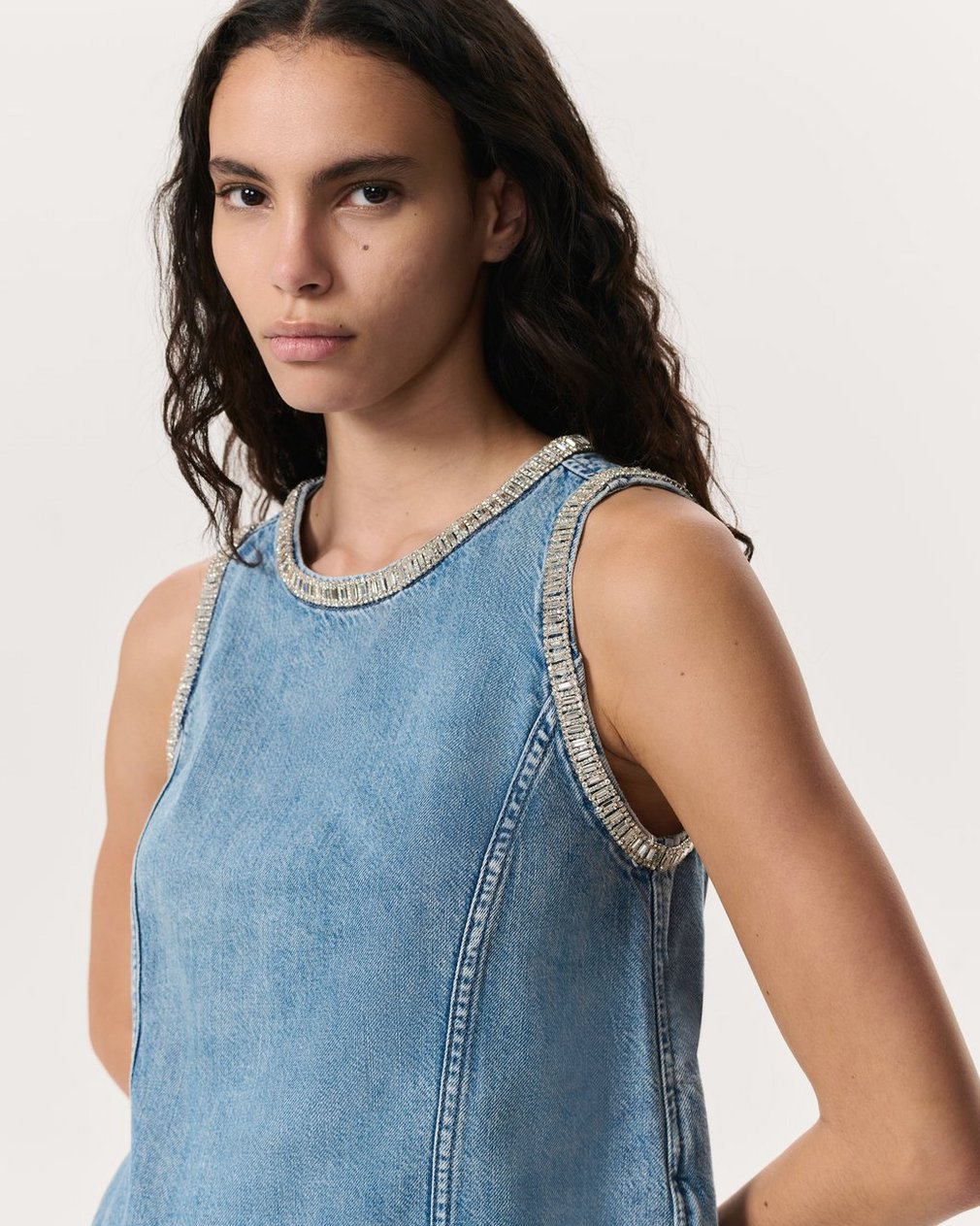 Ultra Featherweight Myla Embellished Denim Top - Pacific With Jewel