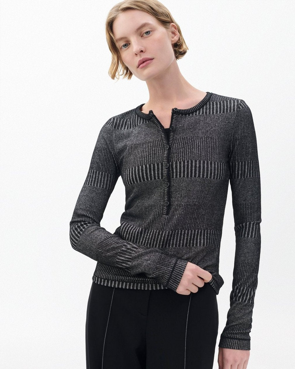 The Knit Striped Ribbed Henley - Black White Multi