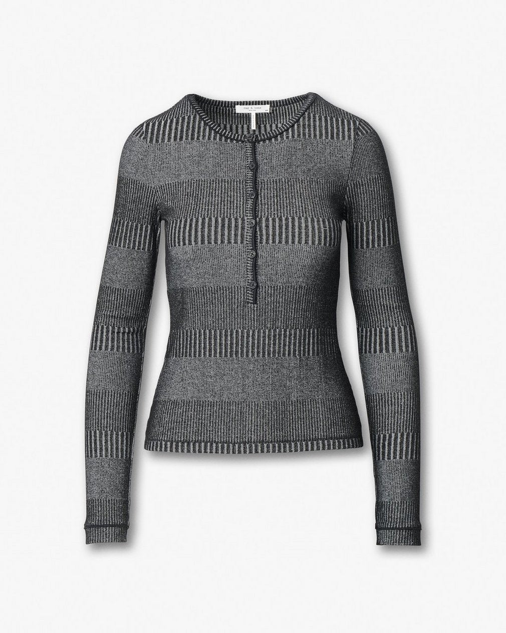 The Knit Striped Ribbed Henley - Black White Multi