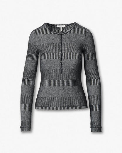 The Knit Striped Ribbed Henley - Black White Multi
