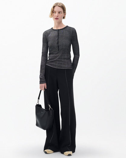 The Knit Striped Ribbed Henley - Black White Multi