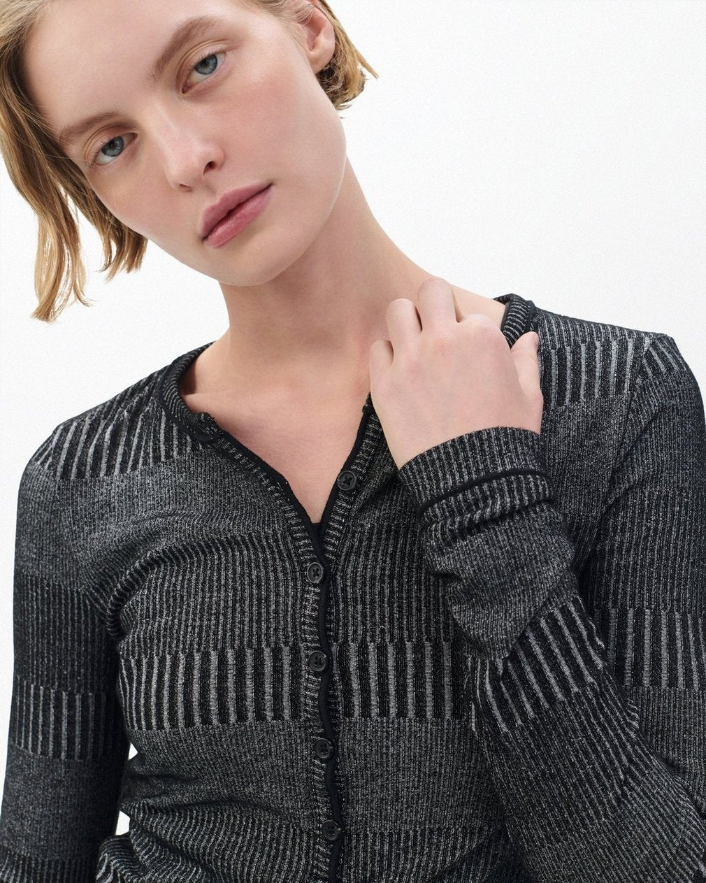 The Knit Striped Ribbed Henley - Black White Multi