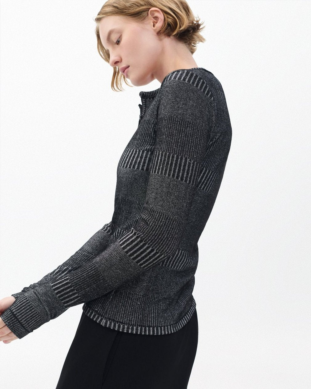 The Knit Striped Ribbed Henley - Black White Multi