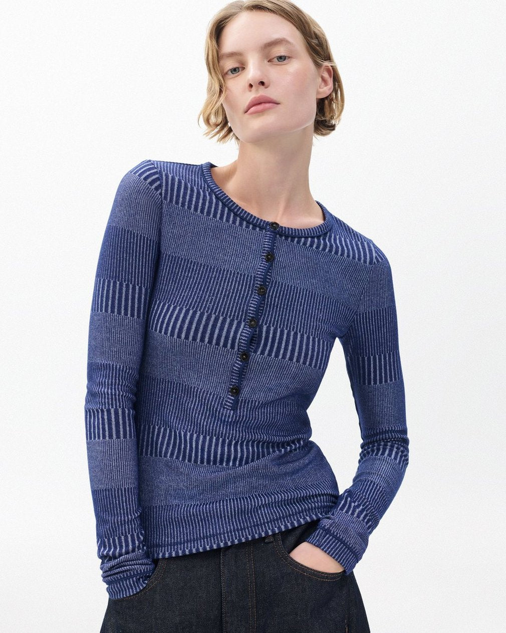 The Knit Striped Ribbed Henley - Sky Blue Multi