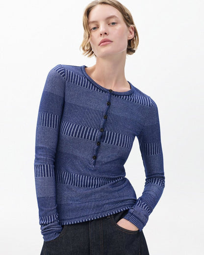 The Knit Striped Ribbed Henley - Sky Blue Multi