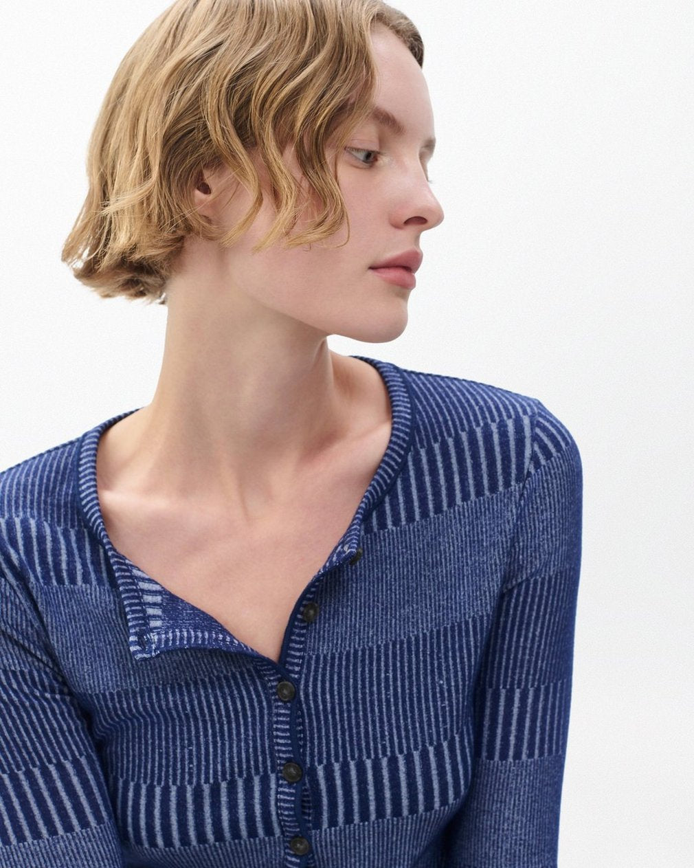 The Knit Striped Ribbed Henley - Sky Blue Multi