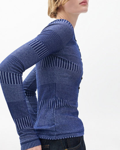 The Knit Striped Ribbed Henley - Sky Blue Multi