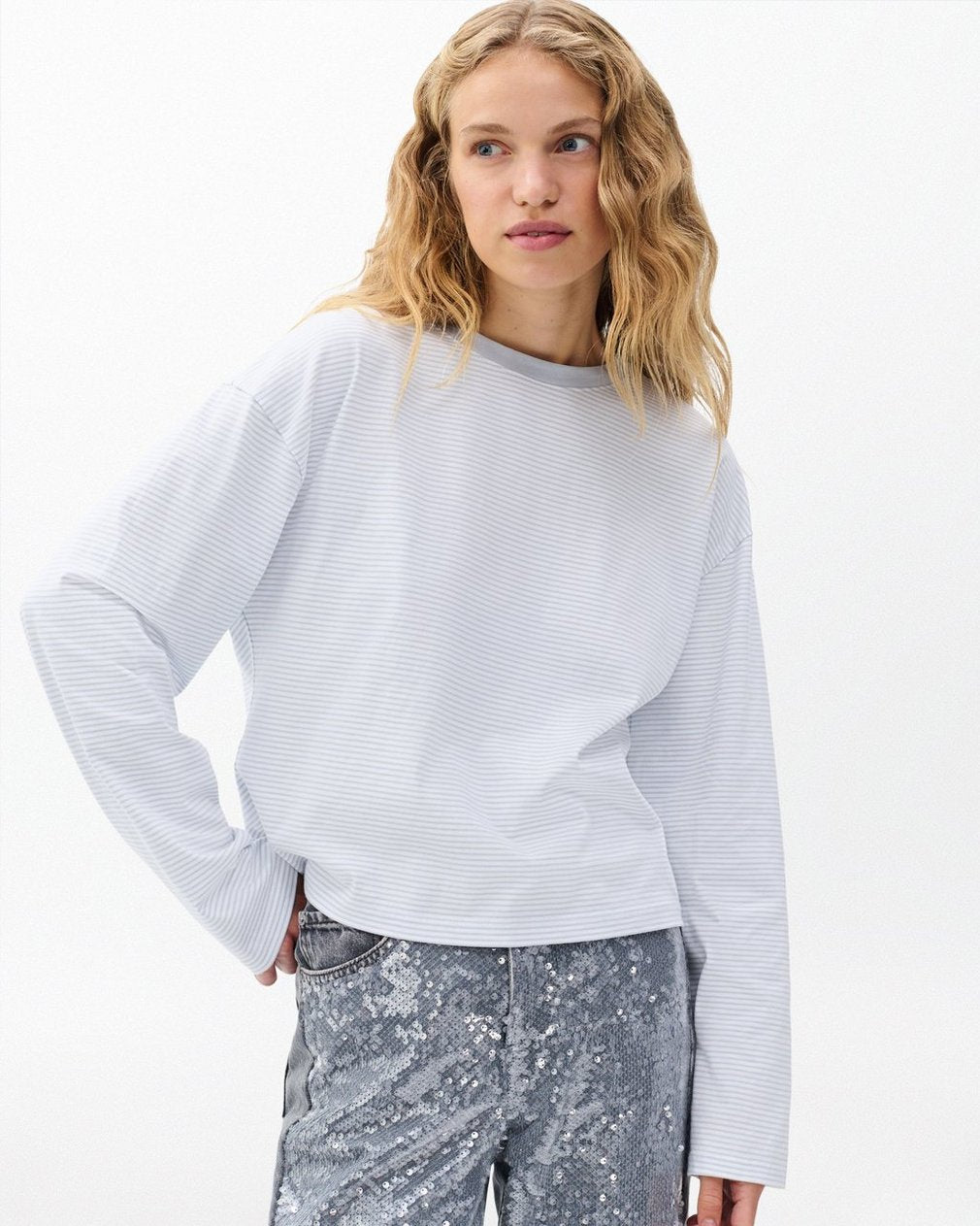 Kelly Boxy Striped Long-Sleeve Tee - Light Blue Multi