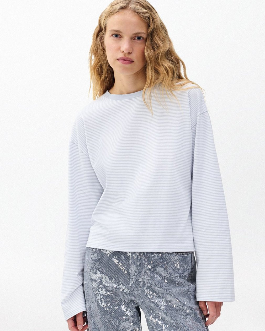 Kelly Boxy Striped Long-Sleeve Tee - Light Blue Multi