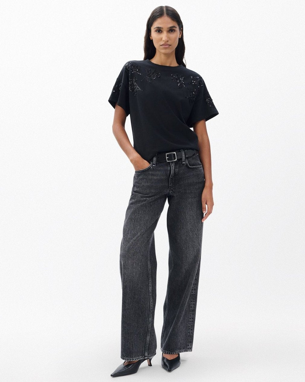 Kelly Boxy Beaded Floral Tee - Black