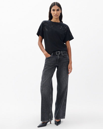 Kelly Boxy Beaded Floral Tee - Black