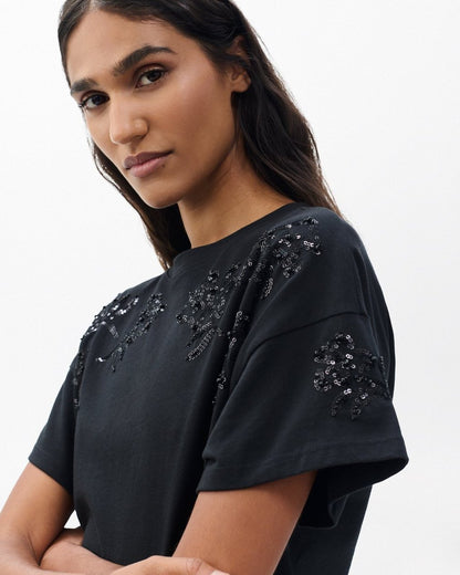 Kelly Boxy Beaded Floral Tee - Black