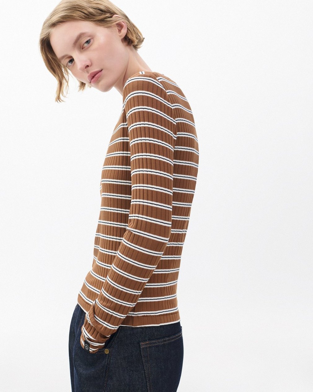 Luca Striped Ribbed Long-Sleeve Tee - Toffee Multi