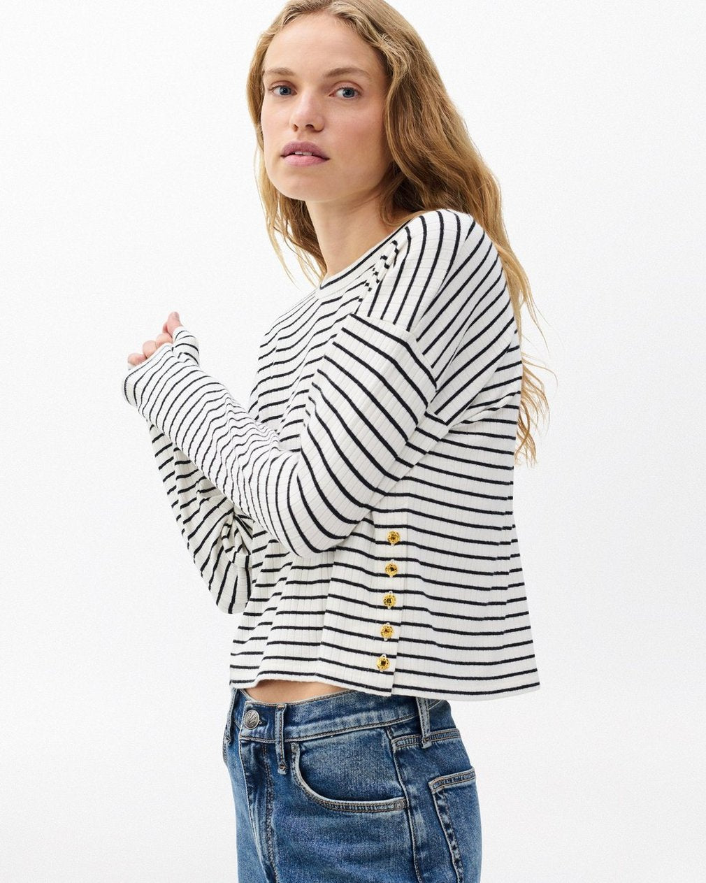 The Knit Striped Long-Sleeve Tee - Beige Multi