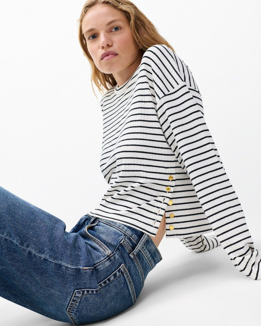The Knit Striped Long-Sleeve Tee - Beige Multi