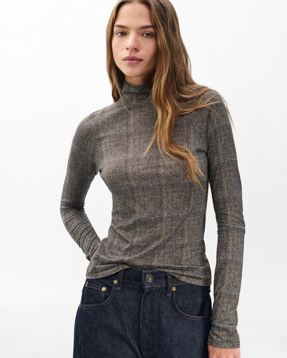 Shaw Plaid Turtleneck Tee - Brown Multi