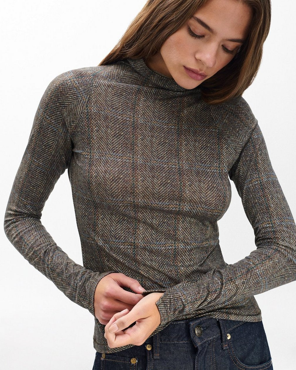 Shaw Plaid Turtleneck Tee - Brown Multi