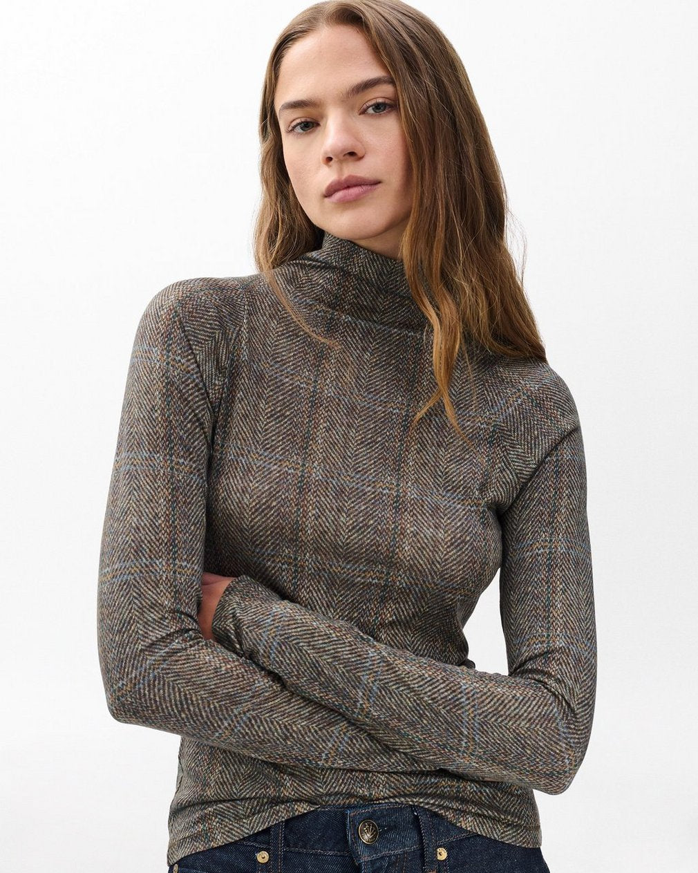 Shaw Plaid Turtleneck Tee - Brown Multi