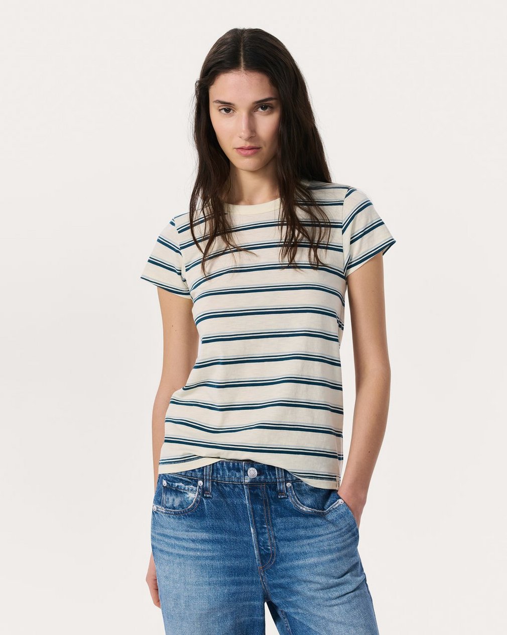 The Slub Striped Tee - Ivory/Blue Multi