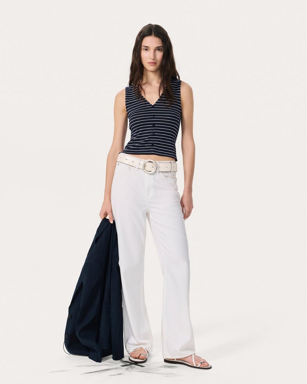 Knit Striped Button Tank Top - Navy Multi