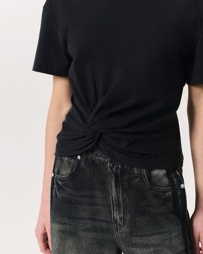 Mica Twist-Detail Draped Cotton T-Shirt - Black