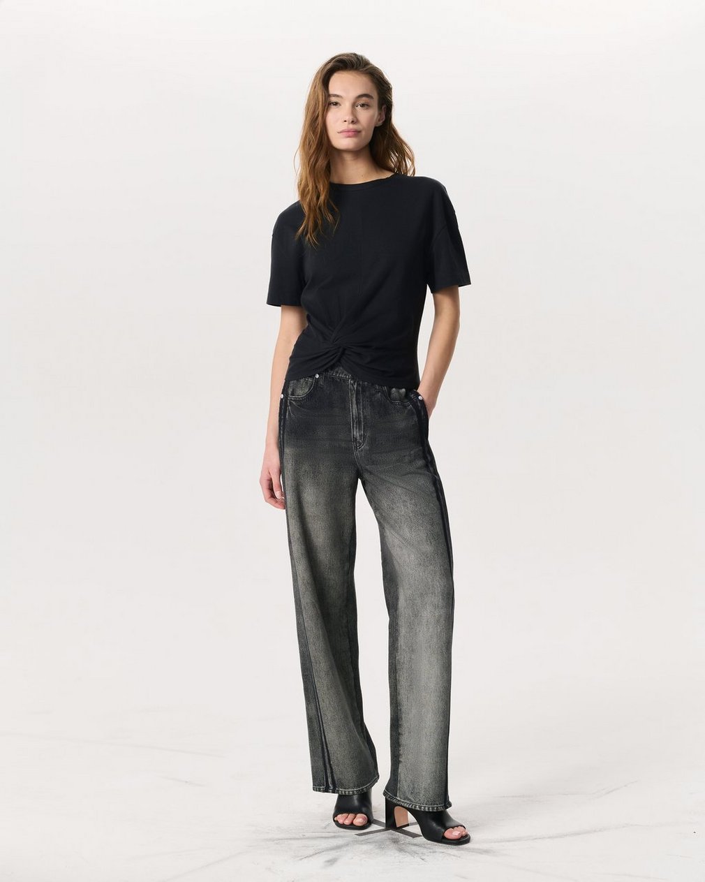 Mica Twist-Detail Draped Cotton T-Shirt - Black