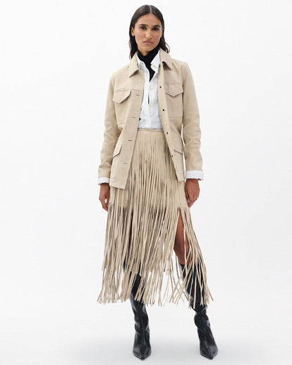 Jasmine Fringed Suede Skirt - Stone