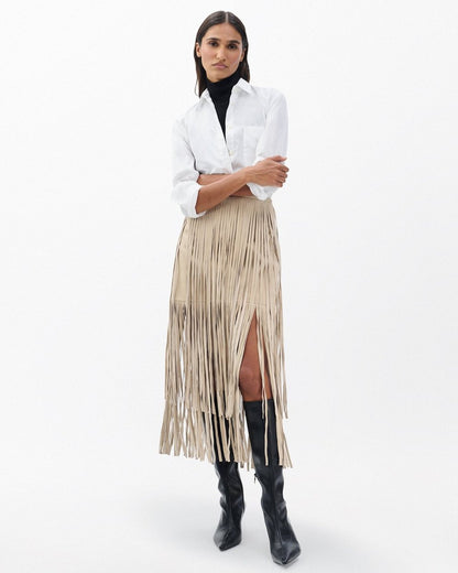 Jasmine Fringed Suede Skirt - Stone