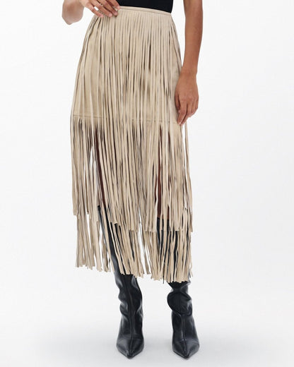 Jasmine Fringed Suede Skirt - Stone