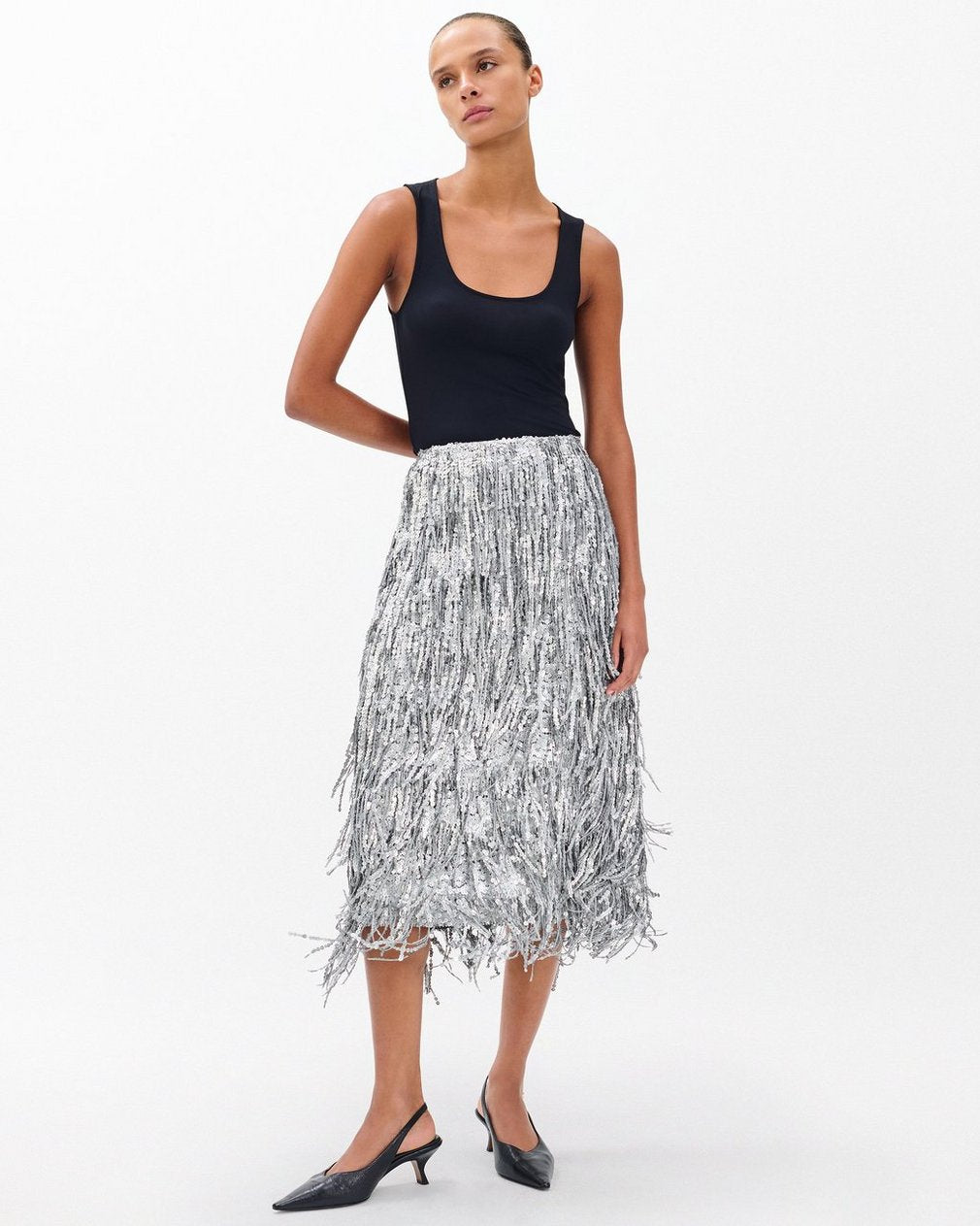 Billie Sequined Tassel Midi Skirt - Gunmetal