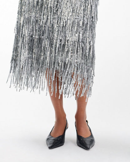 Billie Sequined Tassel Midi Skirt - Gunmetal