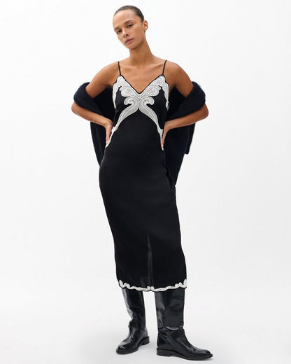 Ann Embroidered Slip Dress - Black