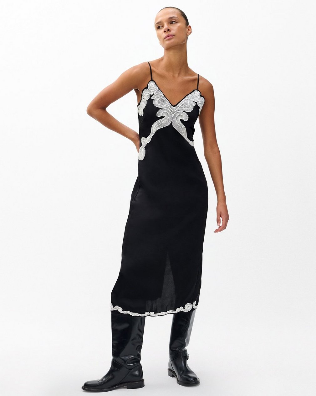 Ann Embroidered Slip Dress - Black