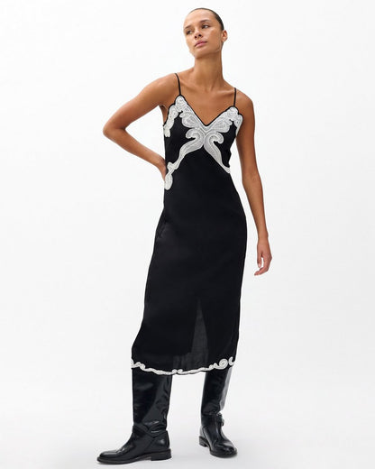 Ann Embroidered Slip Dress - Black