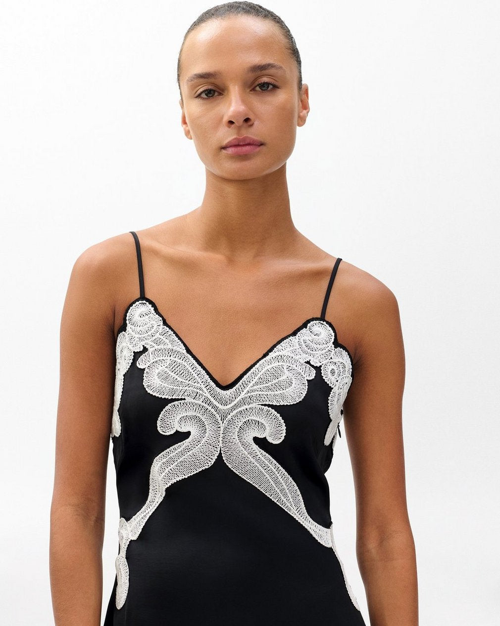 Ann Embroidered Slip Dress - Black