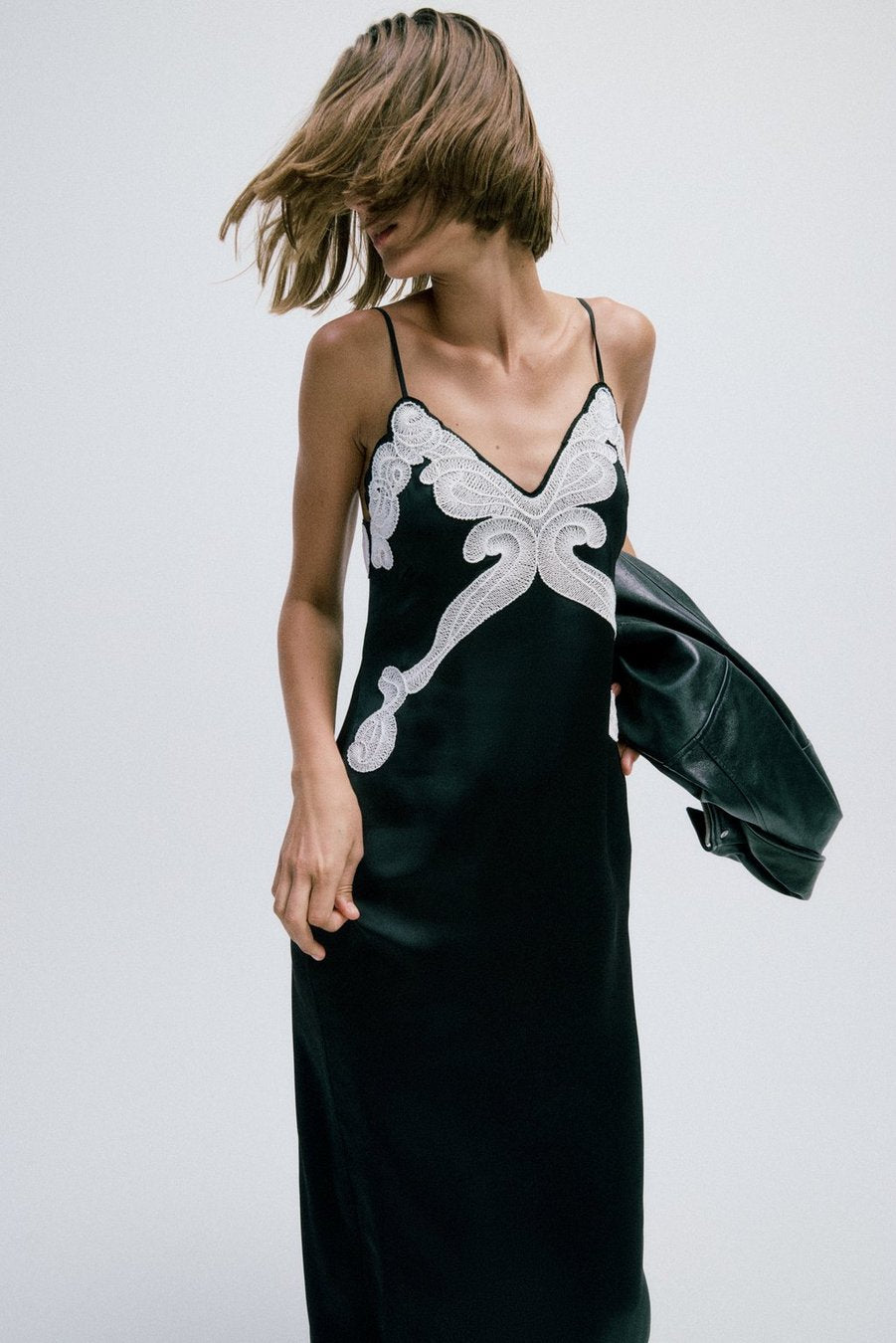 Ann Embroidered Slip Dress - Black