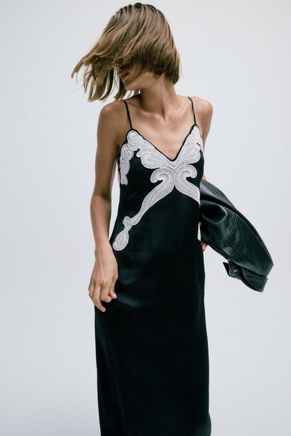 Ann Embroidered Slip Dress - Black