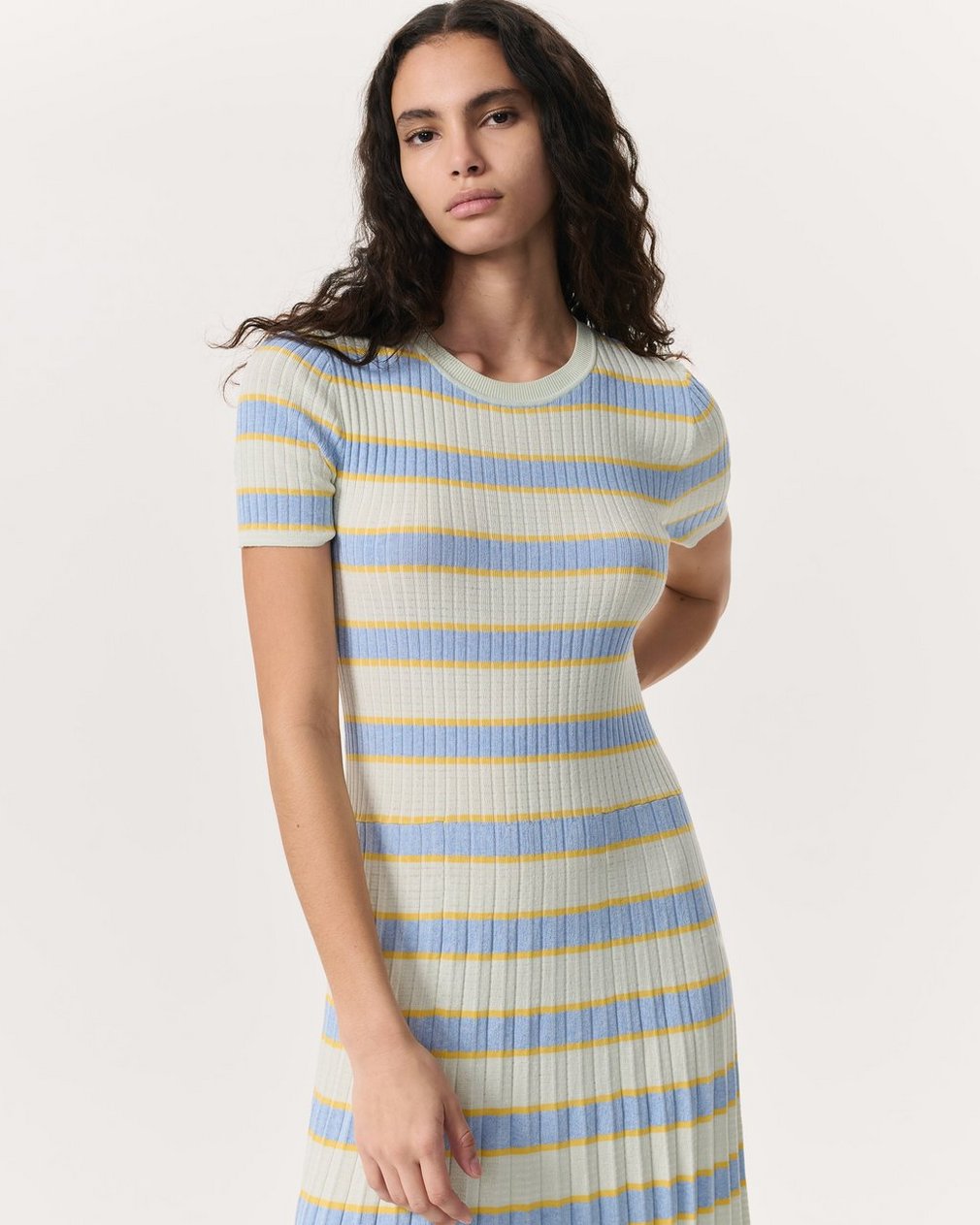 Eloise Striped Rib-Knit Pleated Midi Dress - Green Multi